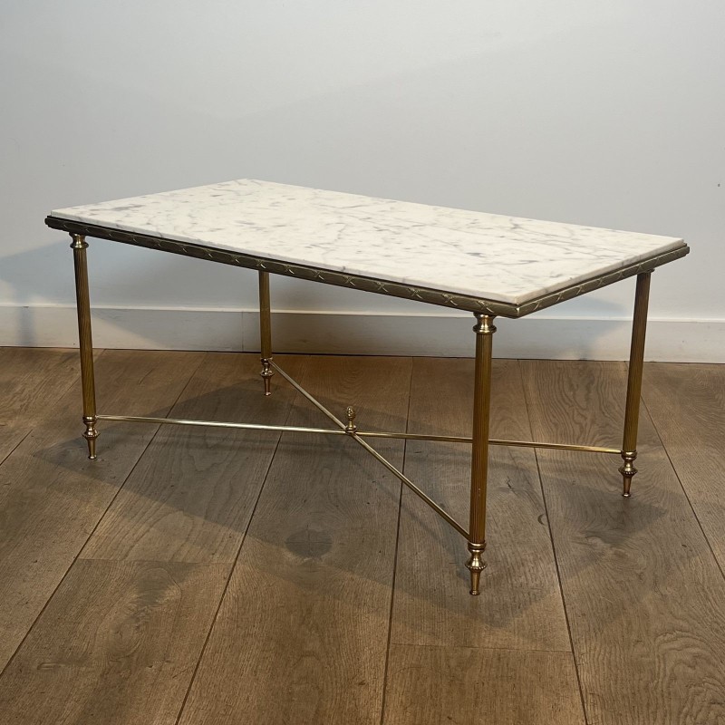 Rectangular Brass Coffee Table with White Marble Top, Neoclassical, French Work, by Maison Jansen, circa 1950