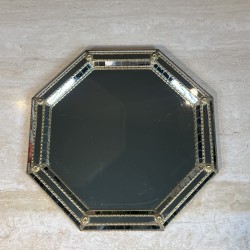 Miroir Mural Octogonal Multi-Facettes à Glaces Noires et Guirlandes de Laiton, Néo-classique, Travail Français, vers 1970