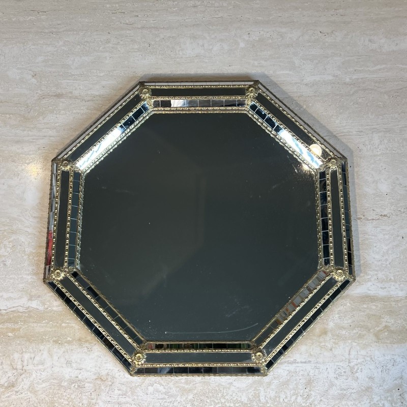 Miroir Mural Octogonal Multi-Facettes à Glaces Noires et Guirlandes de Laiton, Néo-classique, Travail Français, vers 1970