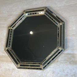 Miroir Mural Octogonal Multi-Facettes à Glaces Noires et Guirlandes de Laiton, Néo-classique, Travail Français, vers 1970