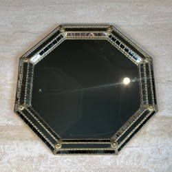 Miroir Mural Octogonal Multi-Facettes à Glaces Noires et Guirlandes de Laiton, Néo-classique, Travail Français, vers 1970