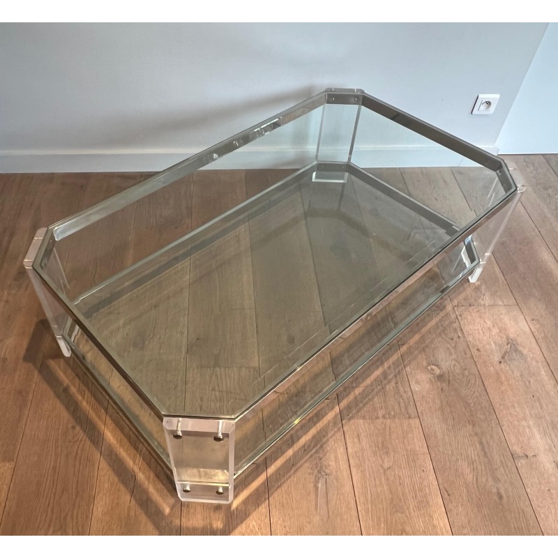 Octagonal Lucite Chrome Coffee Table Maison Jansen circa 1970