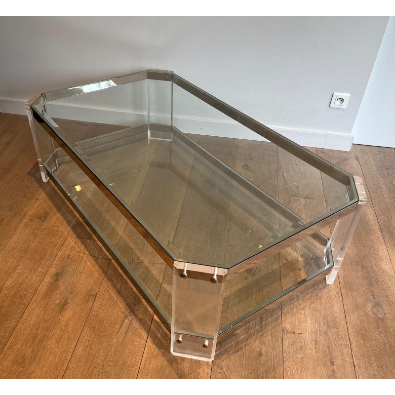 Octagonal Lucite Chrome Coffee Table Maison Jansen circa 1970