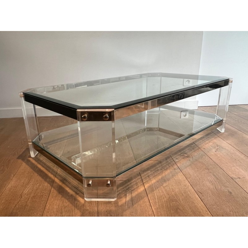 Octagonal Lucite Chrome Coffee Table Maison Jansen circa 1970