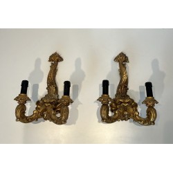 Pair of Sconces in Carved and Giltwood with a Mascaron and Acanthus Decoration, Two Lights, Régence, French Work, circa 1900