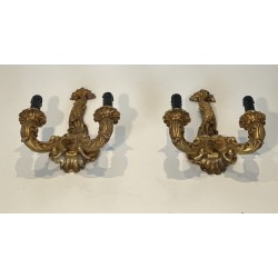 Pair of Sconces in Carved and Giltwood with a Mascaron and Acanthus Decoration, Two Lights, Régence, French Work, circa 1900