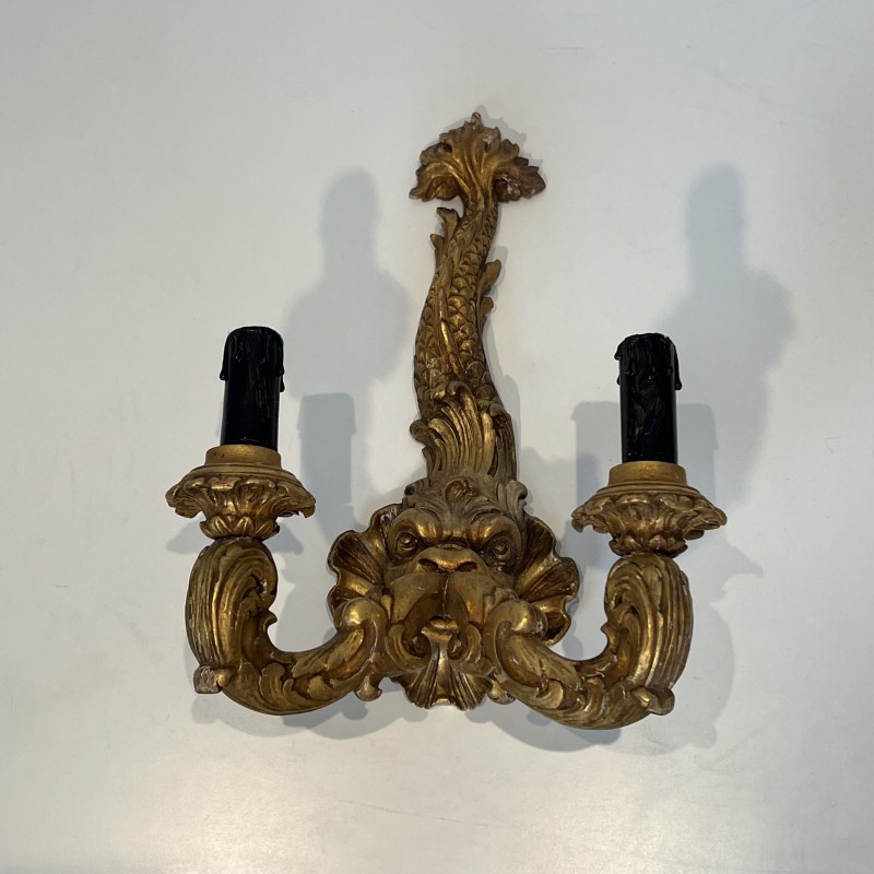Pair of Sconces in Carved and Giltwood with a Mascaron and Acanthus Decoration, Two Lights, Régence, French Work, circa 1900