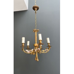 Petit Lustre en Bronze à Décors de Nœud, Louis XVI, Travail Français, vers 1920