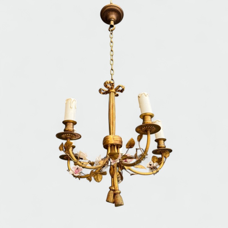 Petit Lustre en Bronze à Décors de Nœud, Louis XVI, Travail Français, vers 1920
