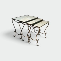 Set of Three Hammered and Gilt Wrought Iron Nesting Tables with Interlacing, Neoclassical, French Work, by René Prou, circa 1940