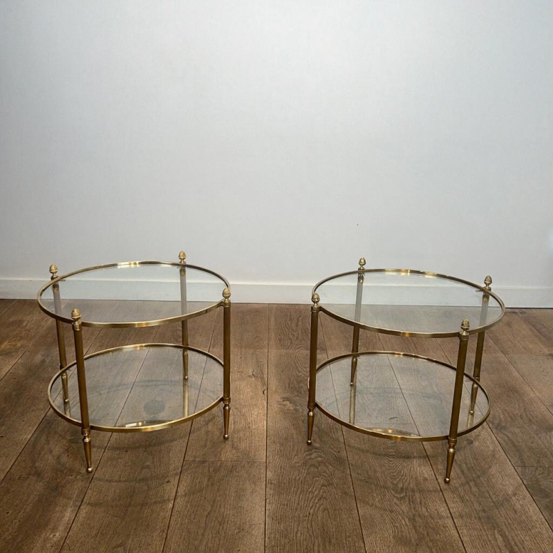 Pair of Round Brass Side Tables with Two Glass Tiers and Pinecone, Neoclassical, French Work, by Maison Jansen, circa 1950