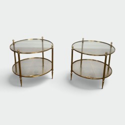 Pair of Round Brass Side Tables with Two Glass Tiers and Pinecone, Neoclassical, French Work, by Maison Jansen, circa 1950
