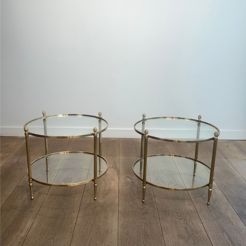 Pair of Round Brass Side Tables with Two Glass Tiers and Pinecone, Neoclassical, French Work, by Maison Jansen, circa 1950