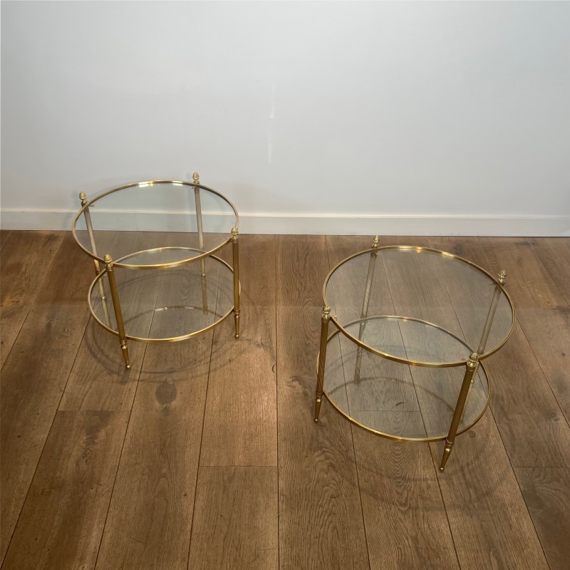 Pair of Round Brass Side Tables with Two Glass Tiers and Pinecone, Neoclassical, French Work, by Maison Jansen, circa 1950