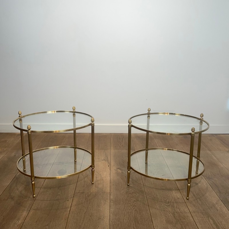 Pair of Round Brass Side Tables with Two Glass Tiers and Pinecone, Neoclassical, French Work, by Maison Jansen, circa 1950
