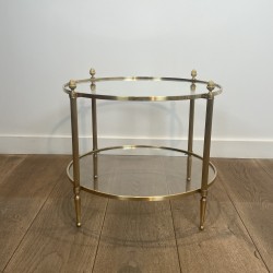 Pair of Round Brass Side Tables with Two Glass Tiers and Pinecone, Neoclassical, French Work, by Maison Jansen, circa 1950