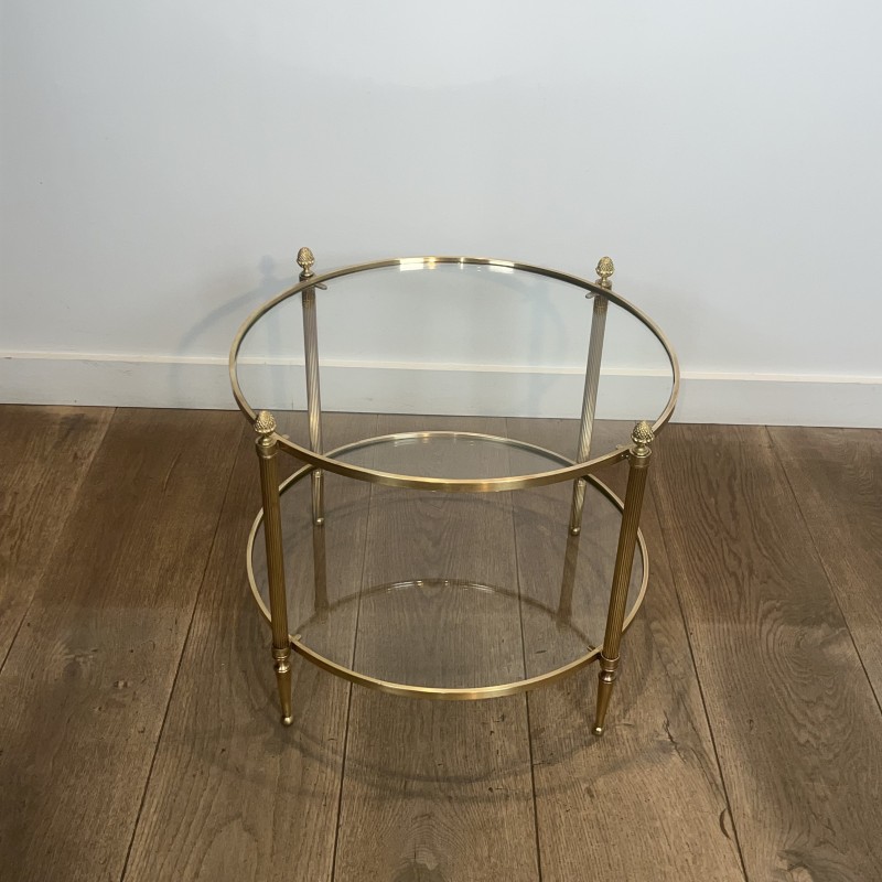 Paire de Bouts de Canapé Ronds en Laiton à Deux Plateaux, Néo-classique, Travail Français, de la Maison Jansen, vers 1950