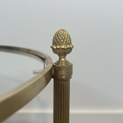 Pair of Round Brass Side Tables with Two Glass Tiers and Pinecone, Neoclassical, French Work, by Maison Jansen, circa 1950
