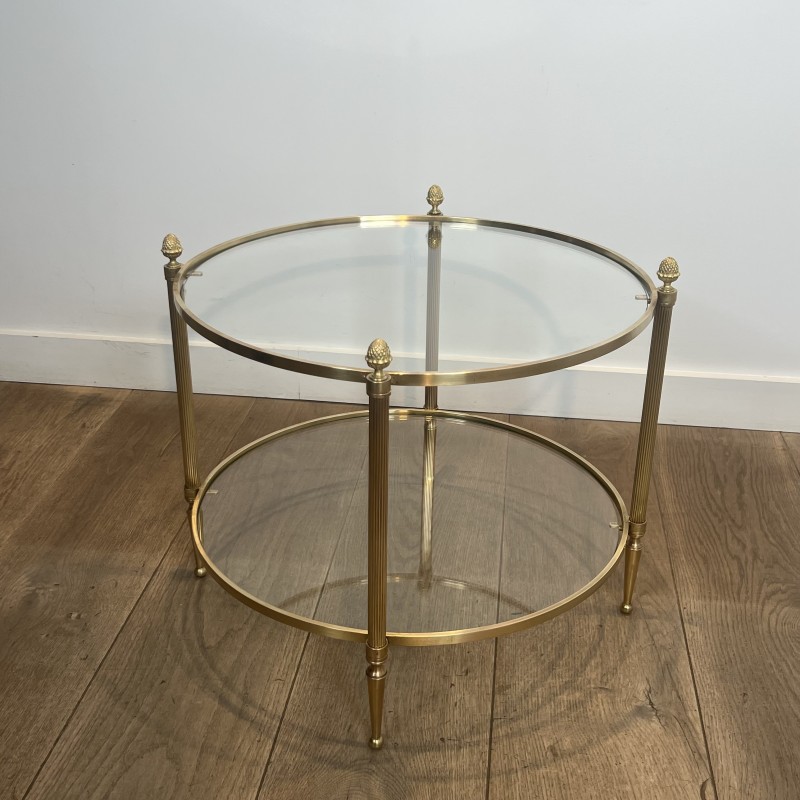 Pair of Round Brass Side Tables with Two Glass Tiers and Pinecone, Neoclassical, French Work, by Maison Jansen, circa 1950