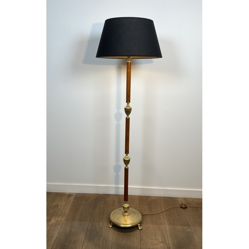 Floor Lamp in Amber Bakelite and Gilt Brass, Circular Base with Claw Feet, Neoclassical, French Work, circa 1940