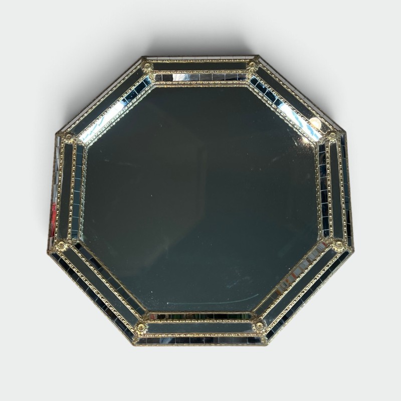 Miroir Mural Octogonal Multi-Facettes à Glaces Noires et Guirlandes de Laiton, Néo-classique, Travail Français, vers 1970