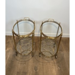 Pair of Graduated Oval Bar Carts in Brass with an Openwork, Neoclassical, French Work, in the Style of Maison Baguès, circa 1950