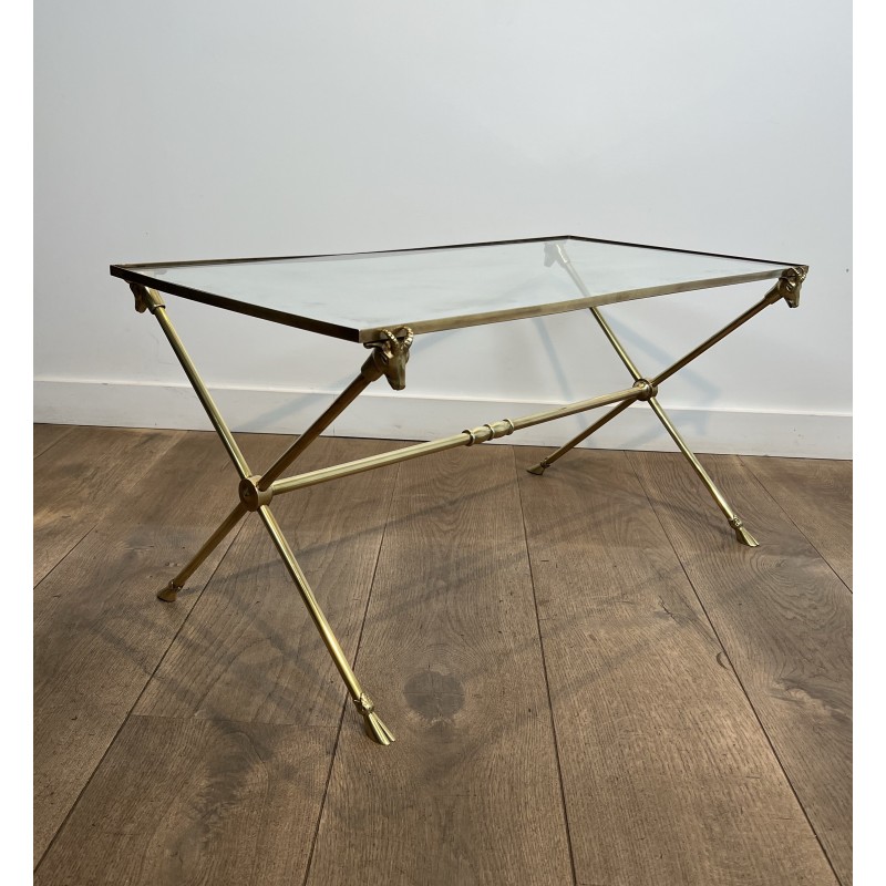 Table Basse Rectangulaire en Laiton à Têtes de Béliers, Néo-classique, Travail Français, de la Maison Ramsay, vers 1940