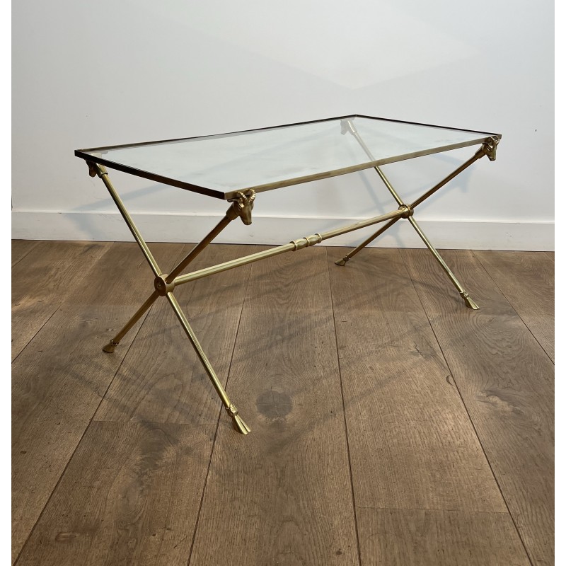 Table Basse Rectangulaire en Laiton à Têtes de Béliers, Néo-classique, Travail Français, de la Maison Ramsay, vers 1940