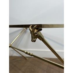 Table Basse Rectangulaire en Laiton à Têtes de Béliers, Néo-classique, Travail Français, de la Maison Ramsay, vers 1940