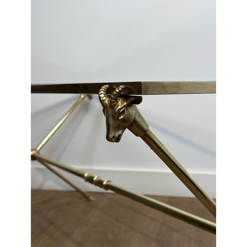 Rectangular Coffee Table in Brass with Ram's Heads, Neoclassical, French Work, by Maison Ramsay, circa 1940
