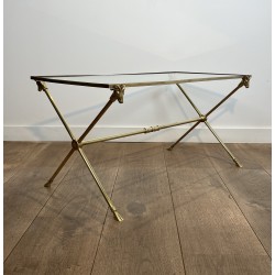 Table Basse Rectangulaire en Laiton à Têtes de Béliers, Néo-classique, Travail Français, de la Maison Ramsay, vers 1940