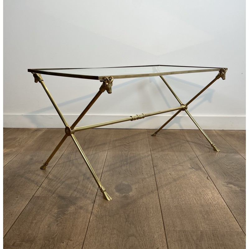 Rectangular Coffee Table in Brass with Ram's Heads, Neoclassical, French Work, by Maison Ramsay, circa 1940