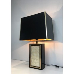 Grande Lampe Bois Laqué Noir, Dorure et Nacre, Travail Français, vers 1970