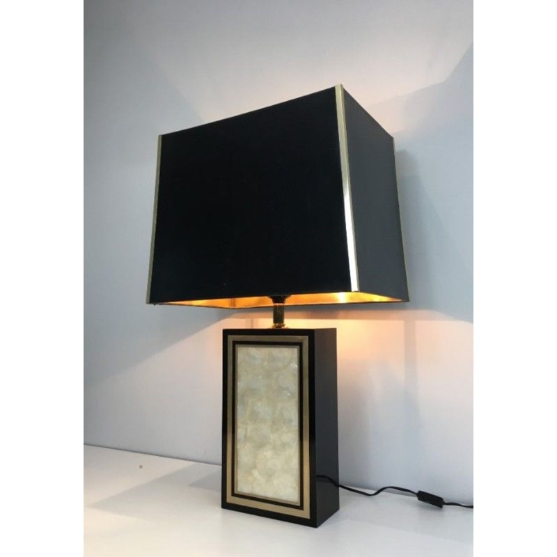 Tall Black Lacquered Wood, Gilt & Nacre Table Lamp, French, circa 1970