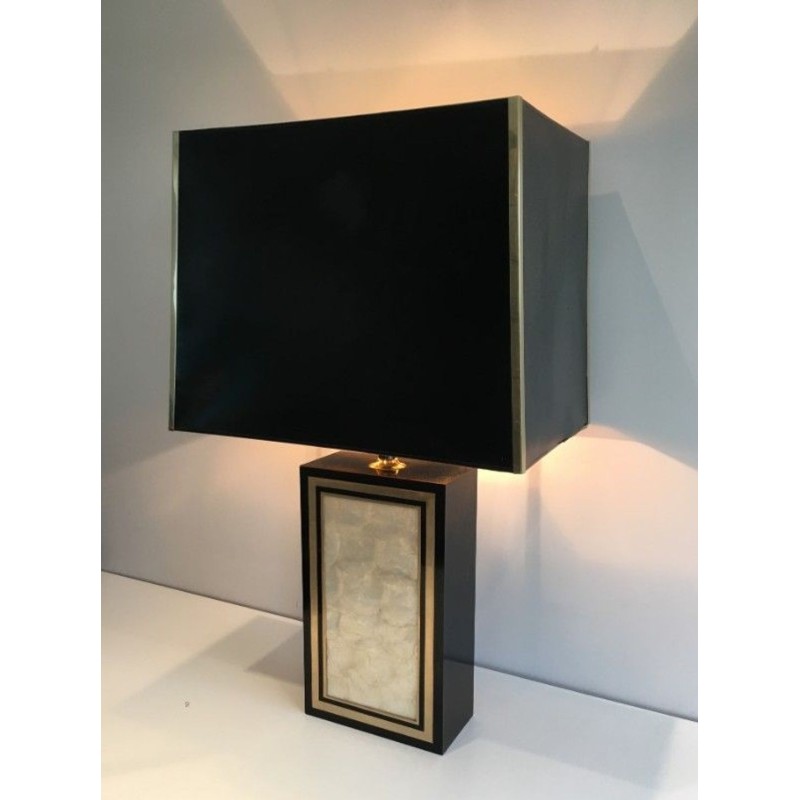 Tall Black Lacquered Wood, Gilt & Nacre Table Lamp, French, circa 1970