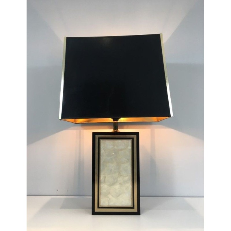 Tall Black Lacquered Wood, Gilt & Nacre Table Lamp, French, circa 1970