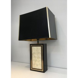 Grande Lampe Bois Laqué Noir, Dorure et Nacre, Travail Français, vers 1970