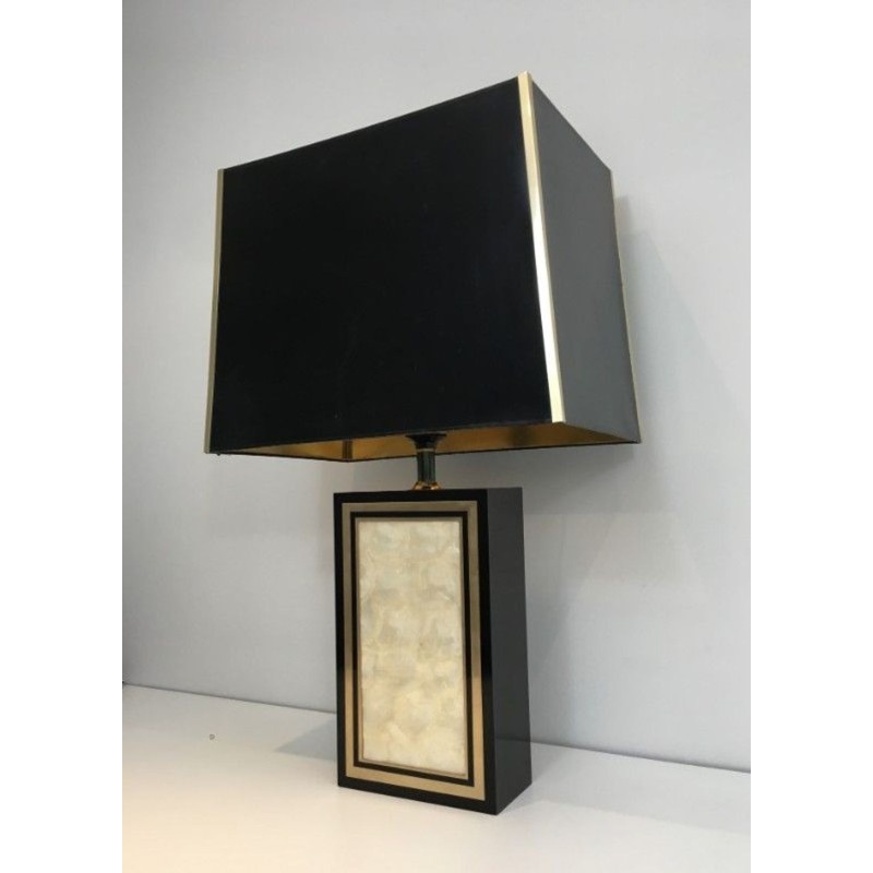 Grande Lampe Bois Laqué Noir, Dorure et Nacre, Travail Français, vers 1970