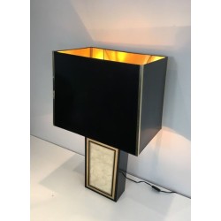 Grande Lampe Bois Laqué Noir, Dorure et Nacre, Travail Français, vers 1970