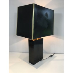 Tall Black Lacquered Wood, Gilt & Nacre Table Lamp, French, circa 1970