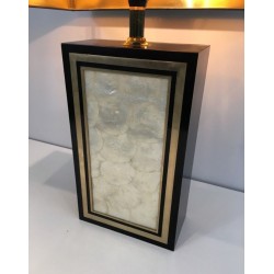 Grande Lampe Bois Laqué Noir, Dorure et Nacre, Travail Français, vers 1970