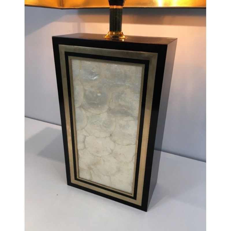 Tall Black Lacquered Wood, Gilt & Nacre Table Lamp, French, circa 1970