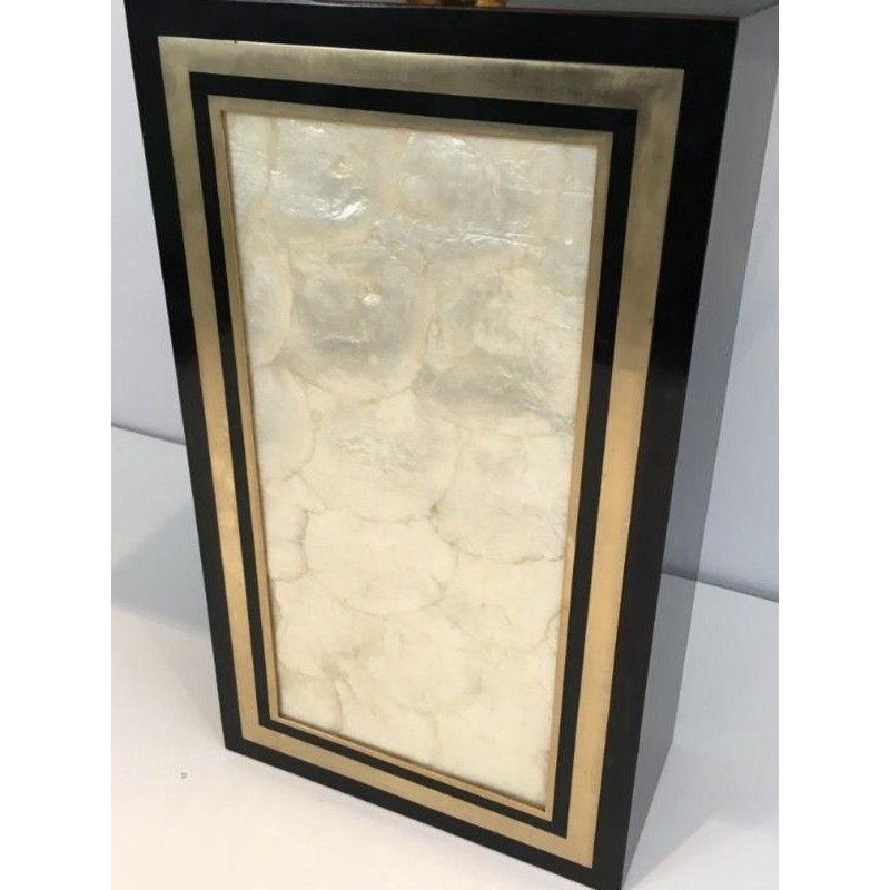 Grande Lampe Bois Laqué Noir, Dorure et Nacre, Travail Français, vers 1970