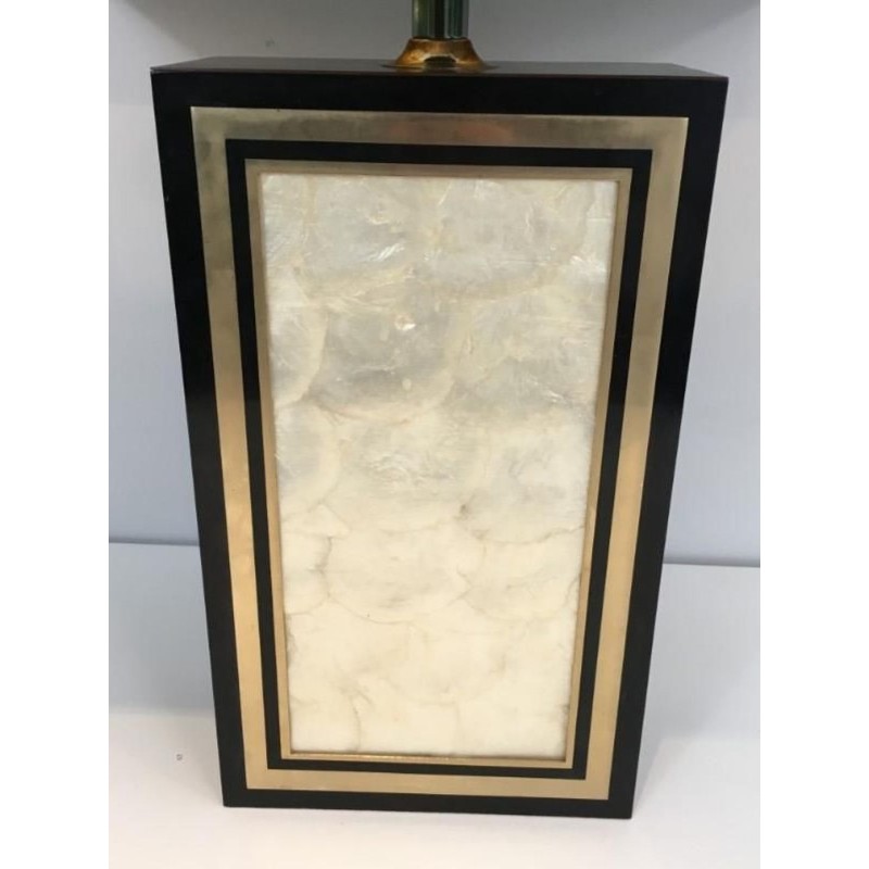 Grande Lampe Bois Laqué Noir, Dorure et Nacre, Travail Français, vers 1970