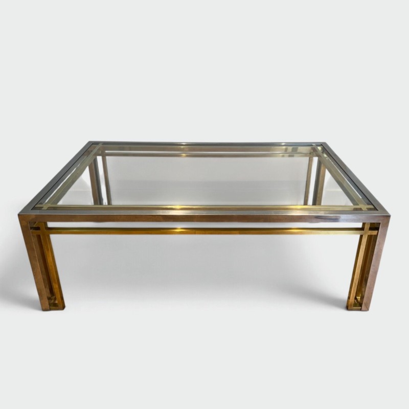 Table Basse Rectangulaire Bicolore en Chrome et Laiton à Plateau de Verre. Willy Rizzo. Travail Français. Années 1970
