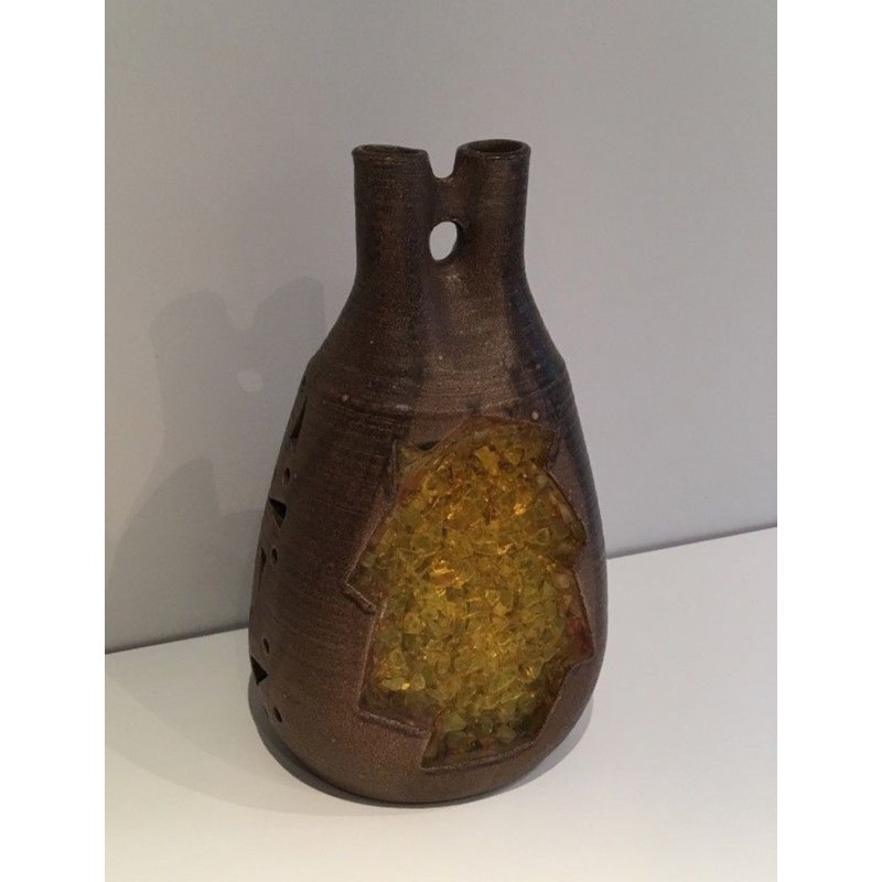Unusual Ceramic & Amber Glass Table Lamp, circa 1970