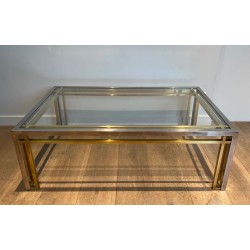 Table Basse Rectangulaire Bicolore en Chrome et Laiton à Plateau de Verre. Willy Rizzo. Travail Français. Années 1970