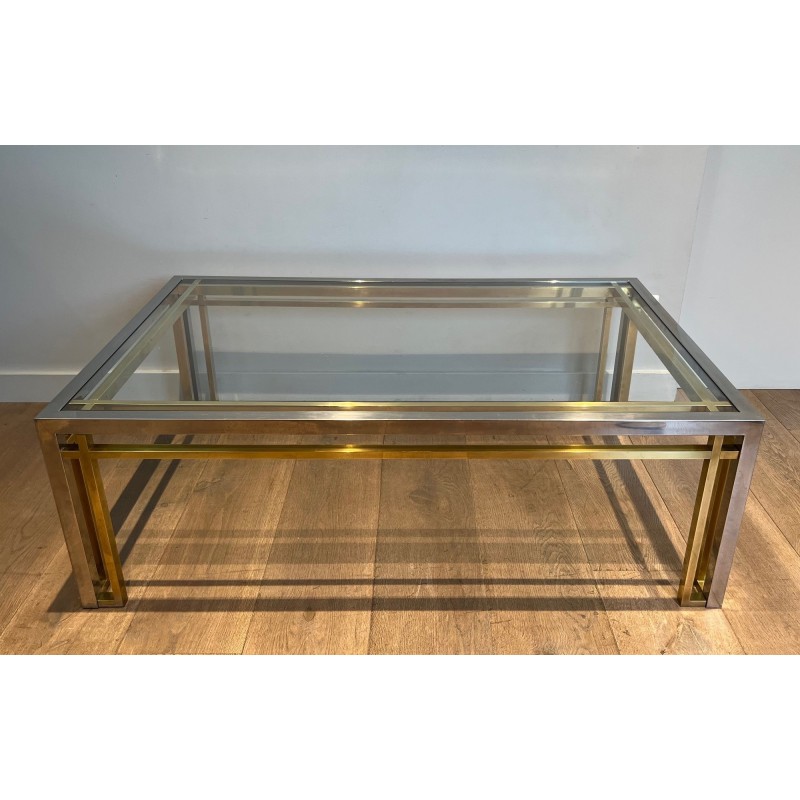 Table Basse Rectangulaire Bicolore en Chrome et Laiton à Plateau de Verre. Willy Rizzo. Travail Français. Années 1970