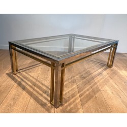 Bicolour Rectangular Coffee Table in Chrome and Brass with a Glass Top, Willy Rizzo, French Work, 1970s.