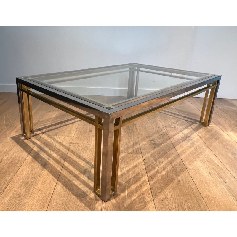Bicolour Rectangular Coffee Table in Chrome and Brass with a Glass Top, Willy Rizzo, French Work, 1970s.